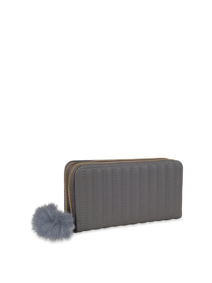 Kanvas Katha Women Grey Gold Toned Textured Embroidered PU Zip Around Wallet