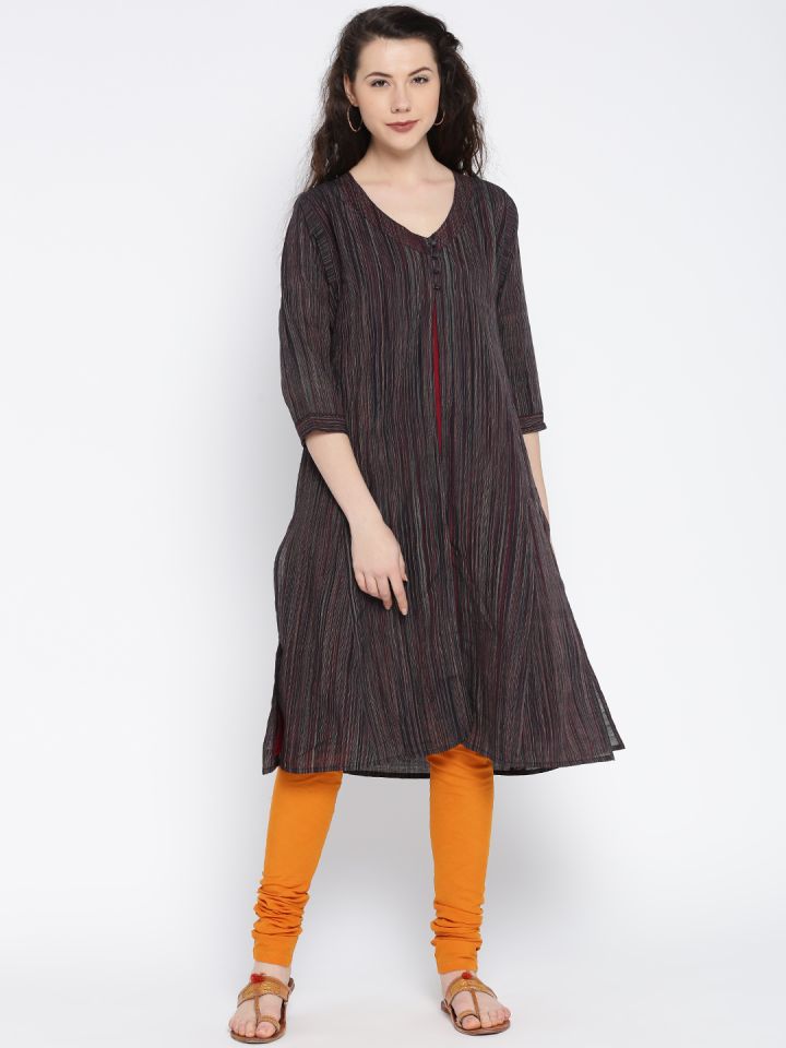JAYPORE Women Black Burgundy Self Design A Line Kurta