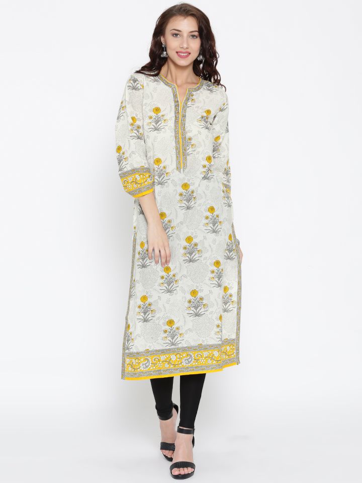 Buy Sabhyata Women Off White Yellow Printed Straight Kurta