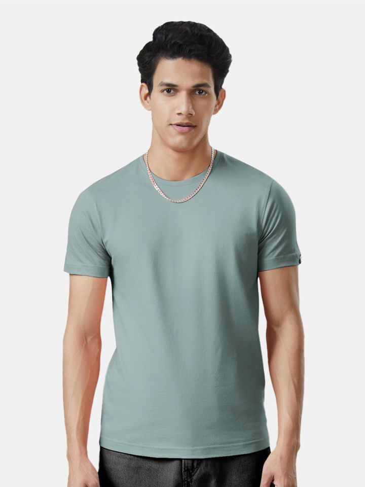 The Souled Store Men Green Solid Pure Cotton T-shirt
