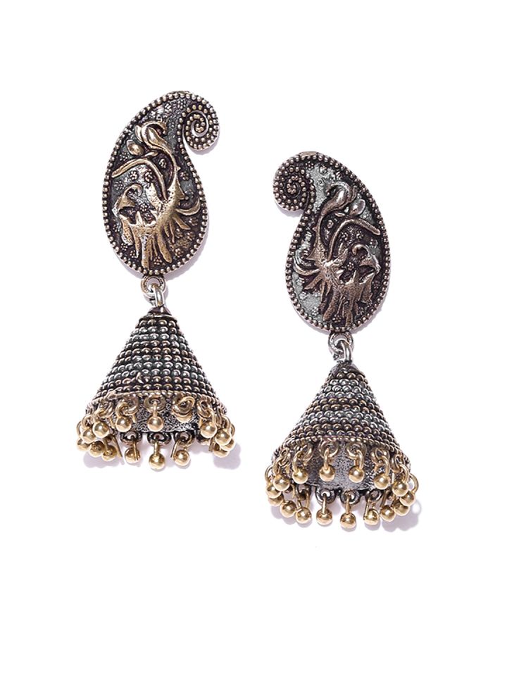Infuzze Gold Toned Oxidised Silver Toned Jhumkas