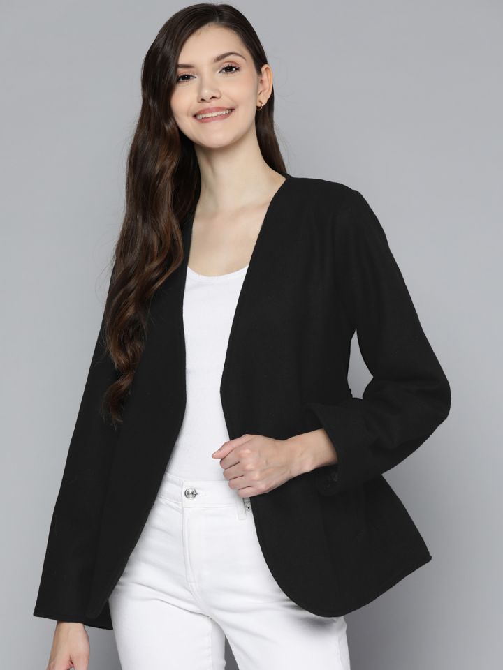 Mast Harbour Women Black Solid Front Open Blazer with Belt