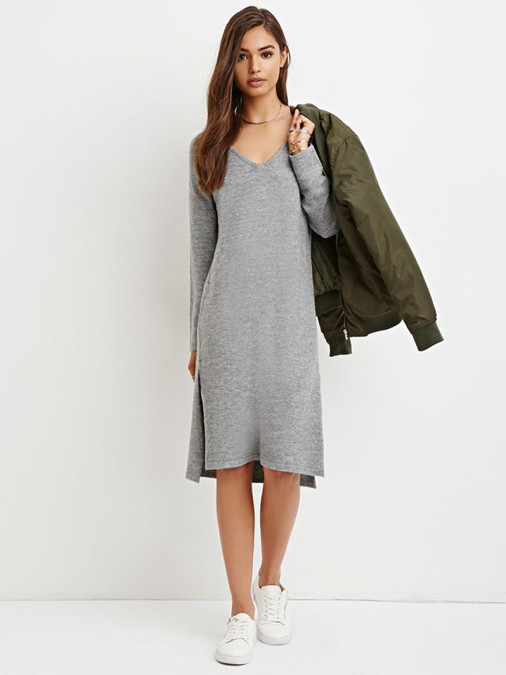 FOREVER 21 Women Grey Melange Solid Sweater Dress