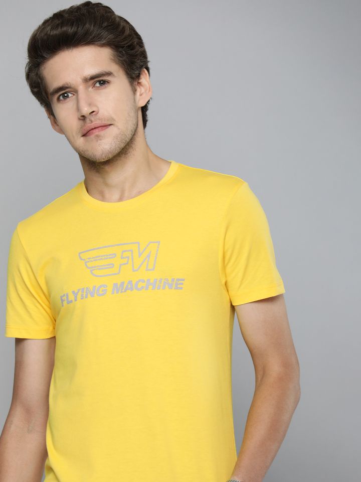 Flying Machine Men Yellow Brand Logo Printed Round Neck T shirt