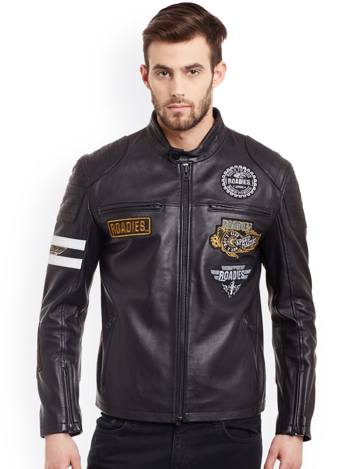 Buy Justanned Roadies Men Black Solid Leather Biker Jacket