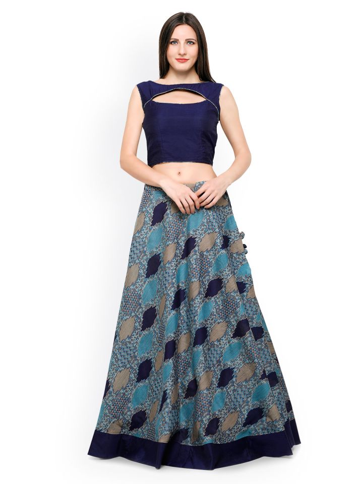 Inddus Blue Banarasi Cotton Semi Stitched Lehenga Choli