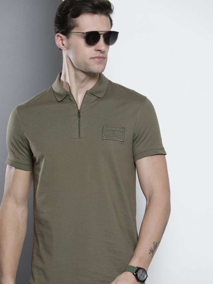 Buy Tommy Hilfiger Men Olive Green Slim Fit Pure Cotton Polo