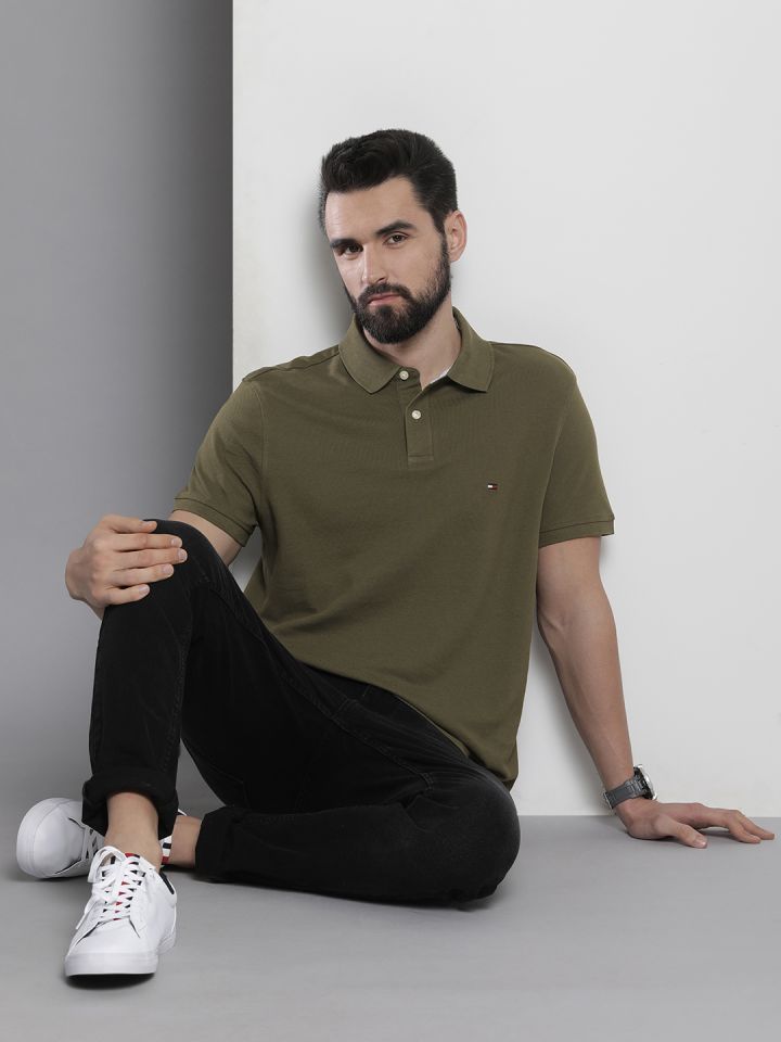 Buy Tommy Hilfiger Men Olive Green Polo Collar Organic Cotton T