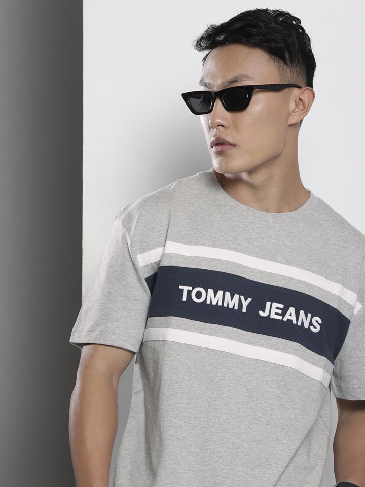 Tommy Hilfiger Men Grey Navy Blue Brand Logo Printed Pure Cotton T shirt