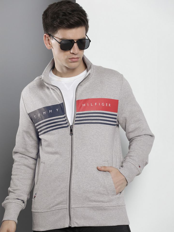 Tommy Hilfiger Brand Logo Printed Mock Collar Pure Cotton Open Front Sweatshirt