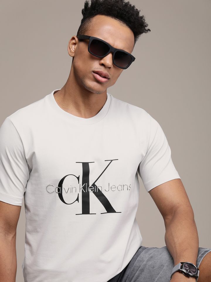 Calvin Klein Jeans Men Grey Brand Logo Printed Applique Slim Fit T-shirt