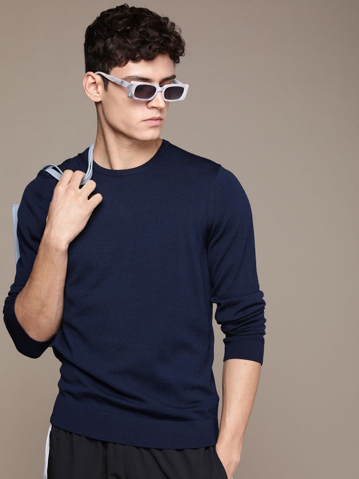 Buy Calvin Klein Jeans Men Dark Blue Solid Crew Neck Wool Pullover