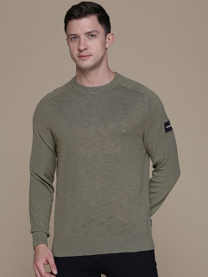 Buy Calvin Klein Jeans Men Olive Green Slun Textured Pullover