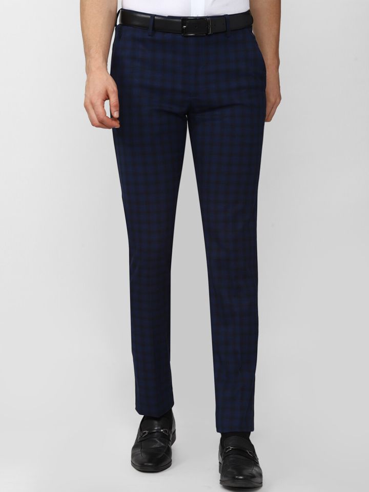 Buy Peter England Men Navy Blue Checked Slim Fit Trousers