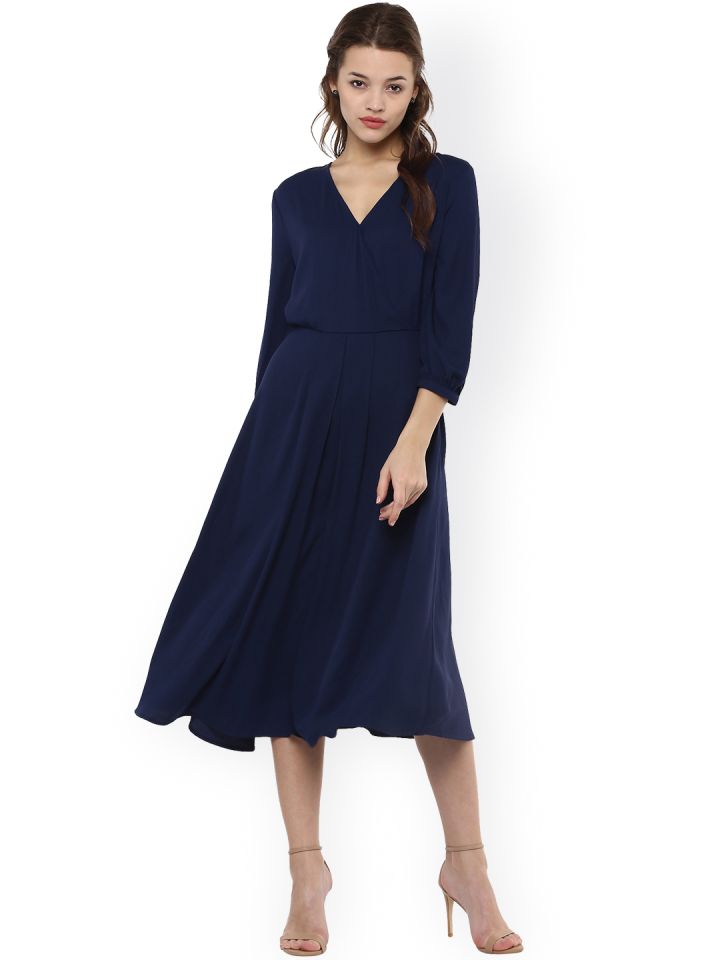 Buy Femella Women Navy Blue Solid Fit Flare Dress Dresses for