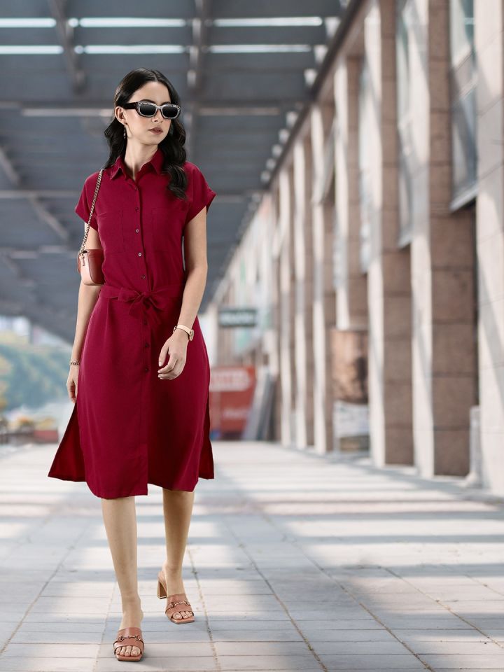 Buy Her By Invictus Solid Shirt Midi Dress With A Belt Dresses