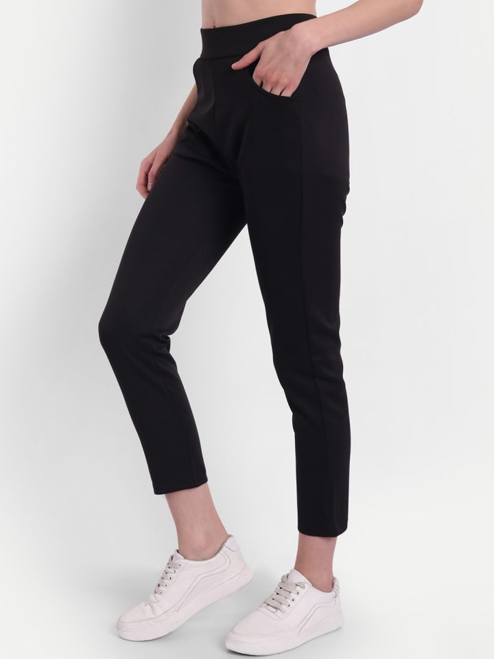 Buy DOLCE CRUDO Black Slim Fit Regular Polyester Lycra Womens Treggings