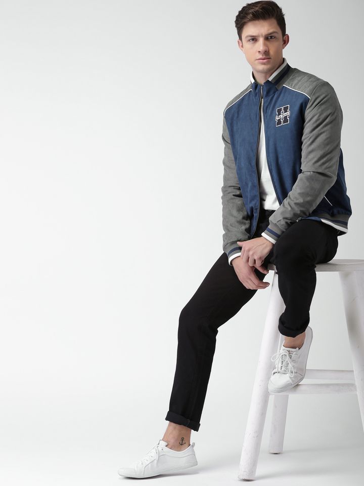 blue and grey varsity jacket