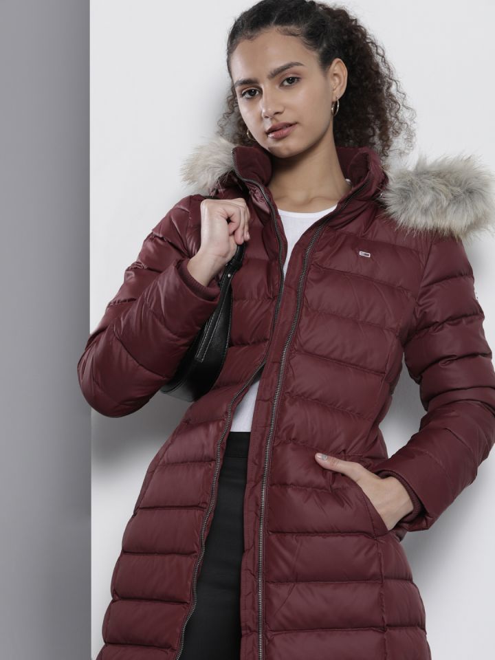 Tommy Hilfiger Women Purple Solid Longline Puffer Jacket With faux Fur Hood