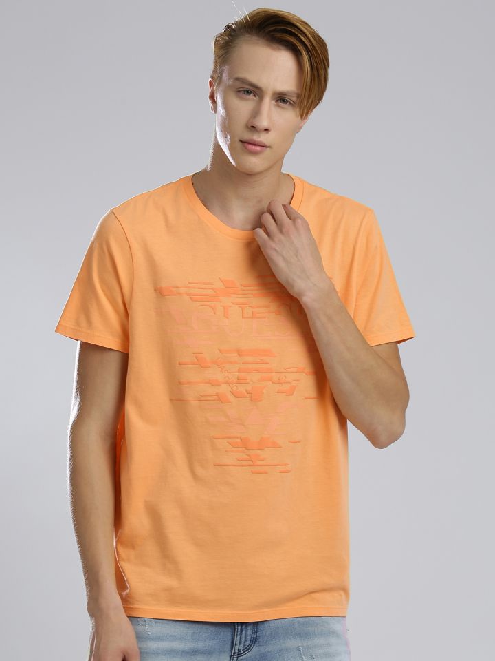 GUESS Men Orange Printed Round Neck T shirt