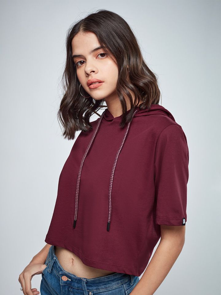 The Souled Store Women Burgundy Hooded Crop T shirt