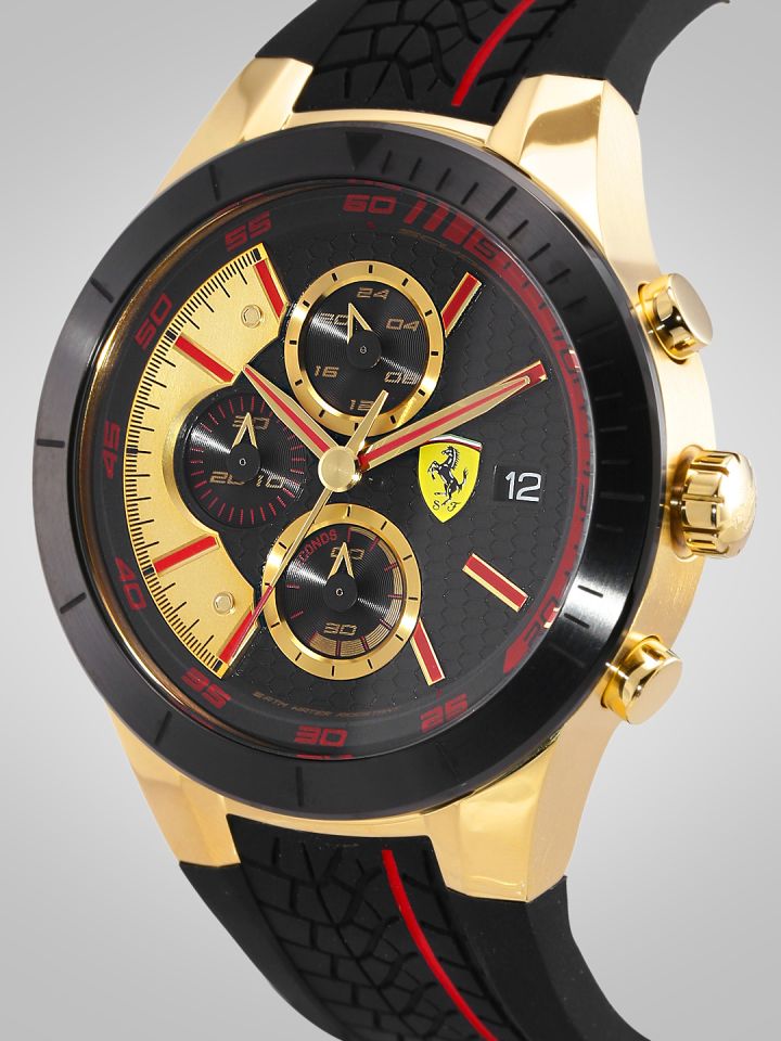 SCUDERIA FERRARI Men Black Gold Toned Red Rev Evo Analogue Watch 0830298 SF