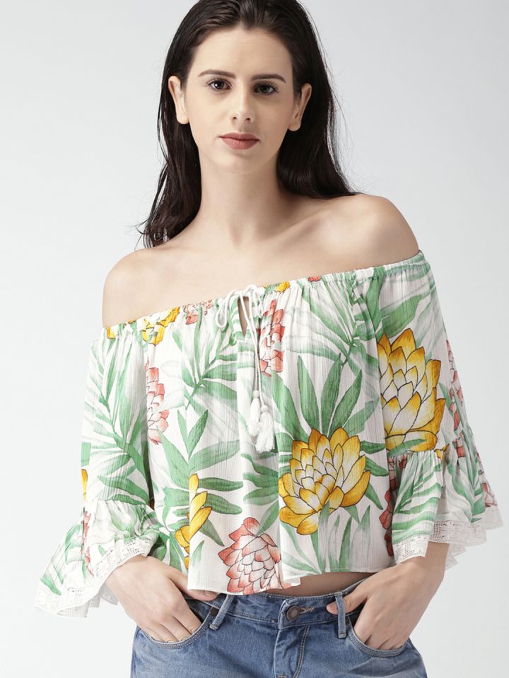 Buy FOREVER 21 Women Off White Green Floral Print Bardot Top
