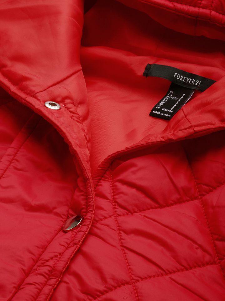 Buy FOREVER 21 Women Red Solid Hooded Quilted Jacket Jackets for
