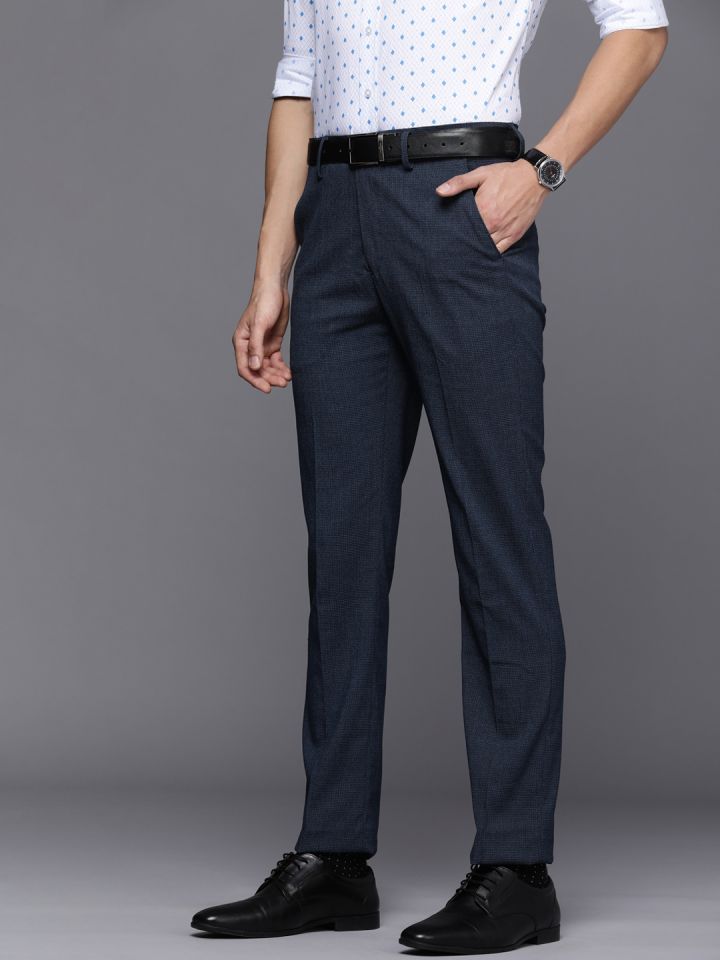 Men Blue Regular Fit Textured Flat Front Formal Trousers, Louis Philippe, Bistupur