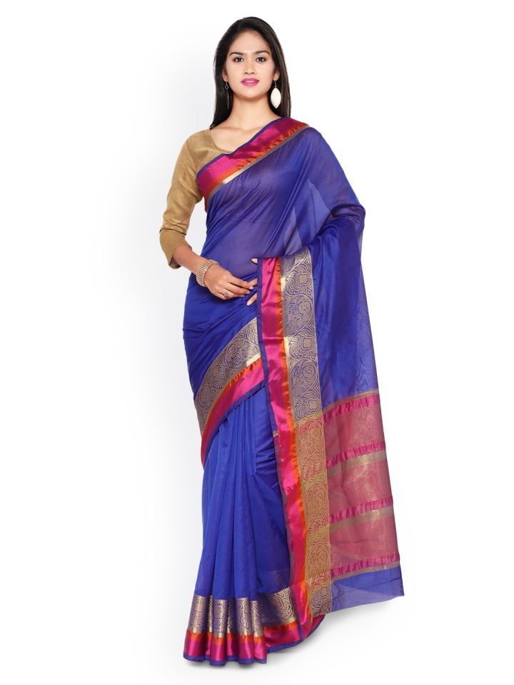 Buy Vaamsi Blue Banarasi Cotton Traditional Saree Sarees for