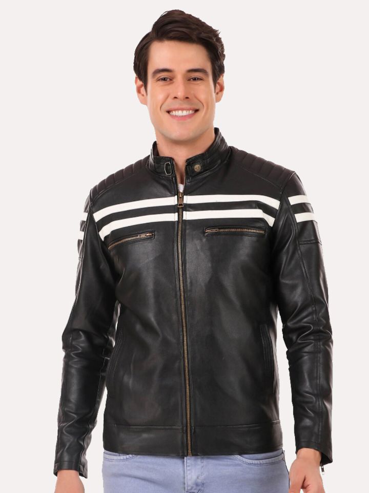 Buy Leather Retail Men Black White Striped Outdoor Biker Jacket