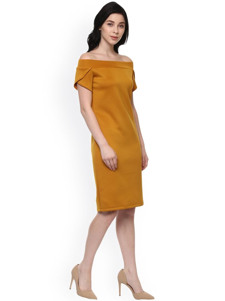Zima Leto Women Mustard Yellow Off Shoulder Sheath Dress