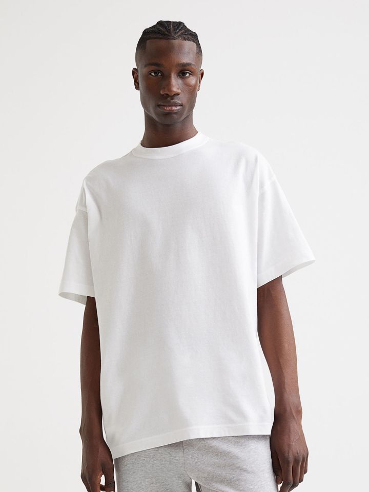 H&M Men White Oversized Fit Cotton T-shirt