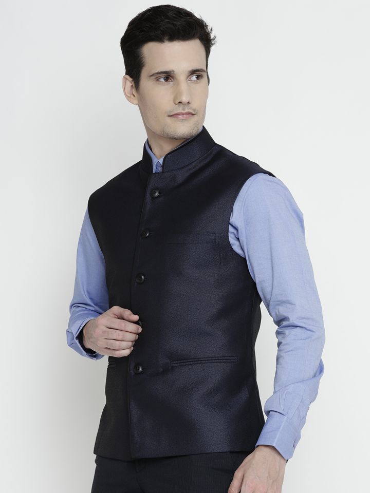 Raymond Navy Black Patterned Nehru Jacket