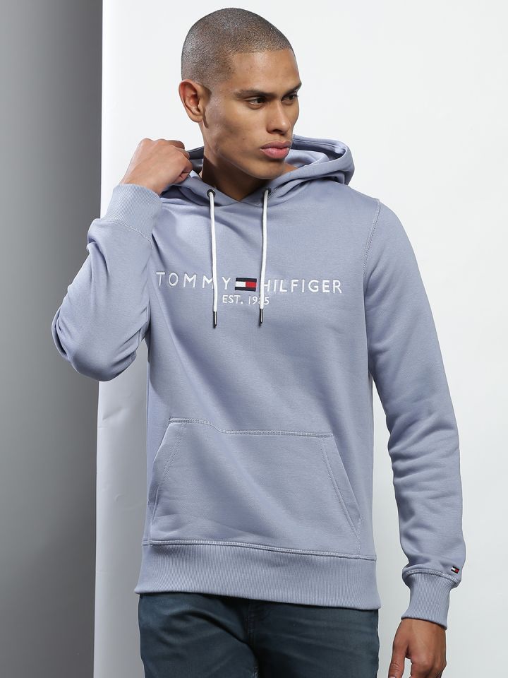 Tommy Hilfiger Men Light Blue Brand Logo Embroidered Hooded Sweatshirt