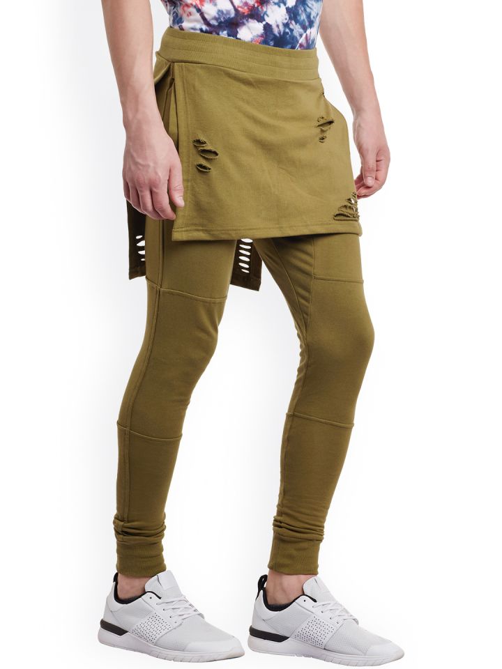 Buy FUGAZEE Men Olive Green Slim Fit Layered Joggers Track Pants