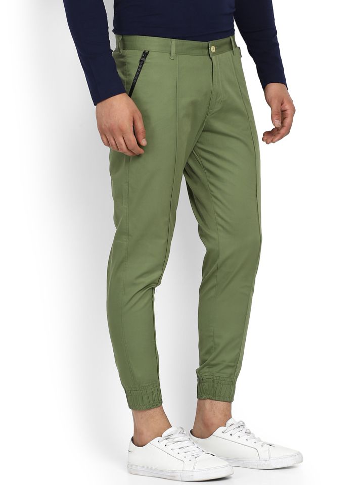 Buy MR BUTTON Men Olive Green Slim Fit Solid Joggers Trousers