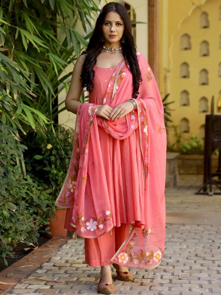 Buy Baisacrafts Women Coral Hand Painted Pure Cotton Anarkali