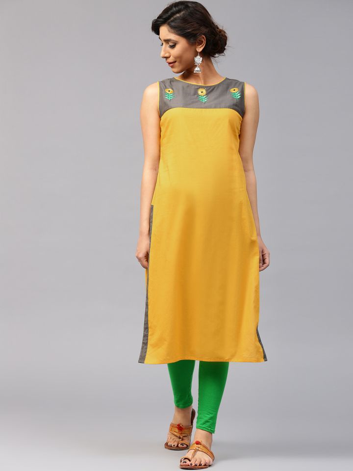 Aks women mustard solid straight kurta online
