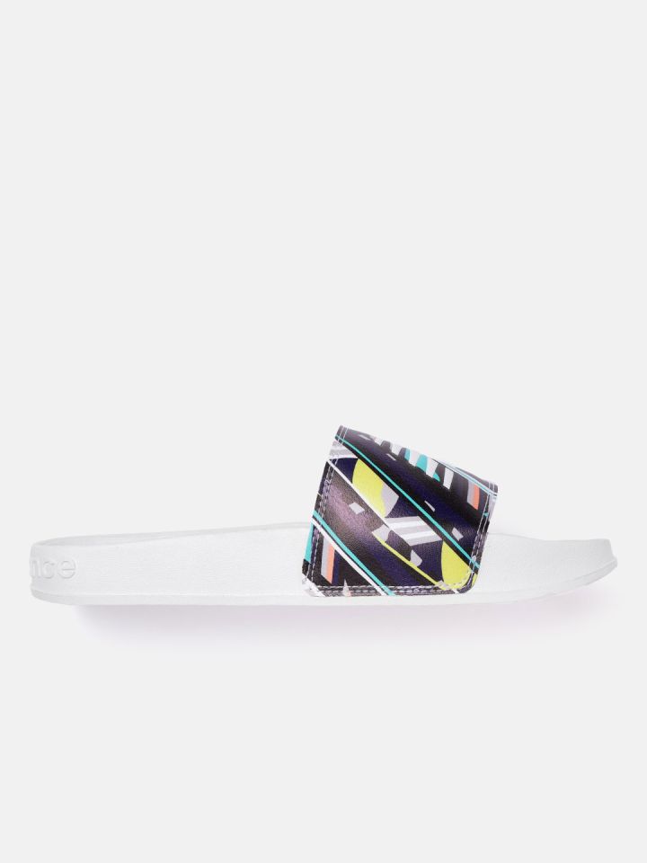 New Balance Women Purple White Abstract Brand Logo Printed Sliders