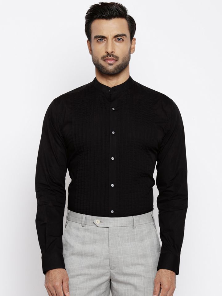Raymond Men Black Solid Pleated Party Shirt