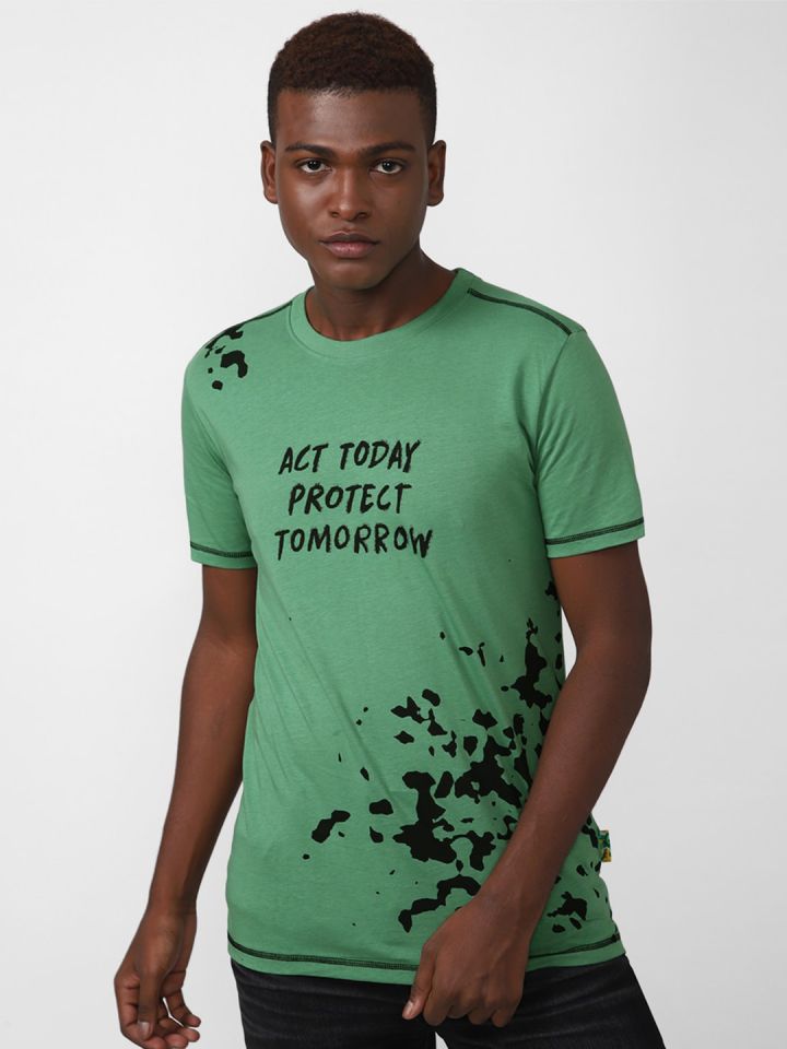 FOREVER 21 Men Green Typography Printed Cotton T shirt