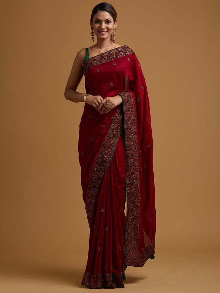 Buy Koskii Maroon Green Floral Embroidered Art Silk Saree