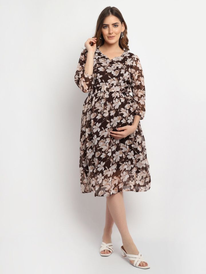 Buy Moms Maternity Brown Floral Georgette Maternity Midi Dress