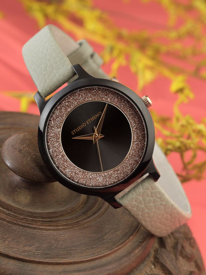 Buy STUDIO ETHENO Women Black Brass Embellished Dial Beige