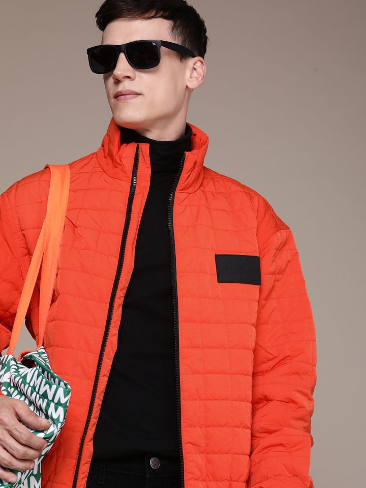Calvin Klein Jeans Men Orange White Brand Logo Printed Padded Jacket