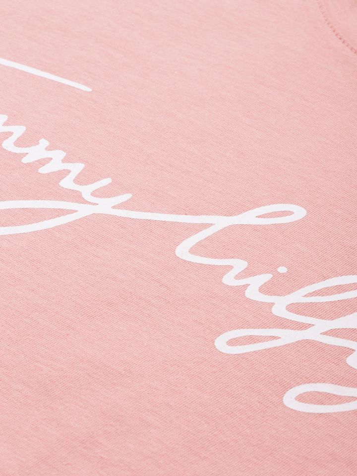 Tommy Hilfiger Women Peach Pink Brand Logo Print Round Neck Pure Cotton  T-shirt