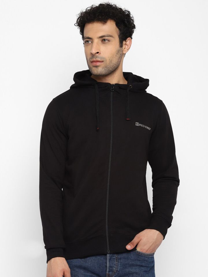 Red Chief Men Black Solid Hooded Sweatshirt