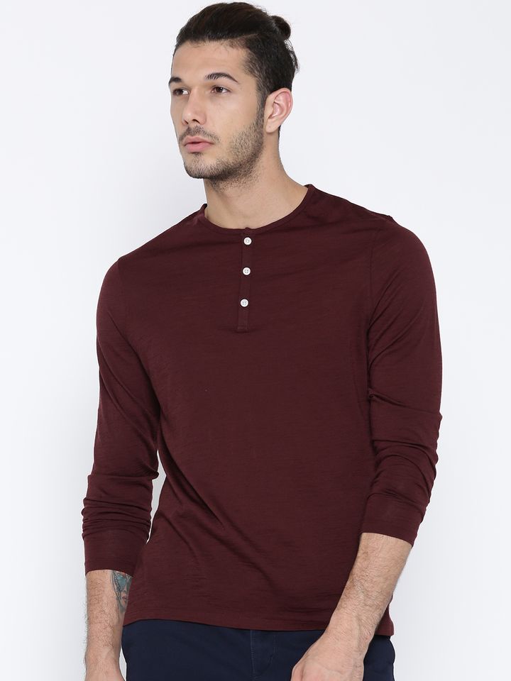 Burgundy Solid Merino Wool Henley Neck 
