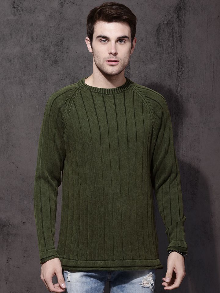 Buy Roadster Men Olive Green Self 